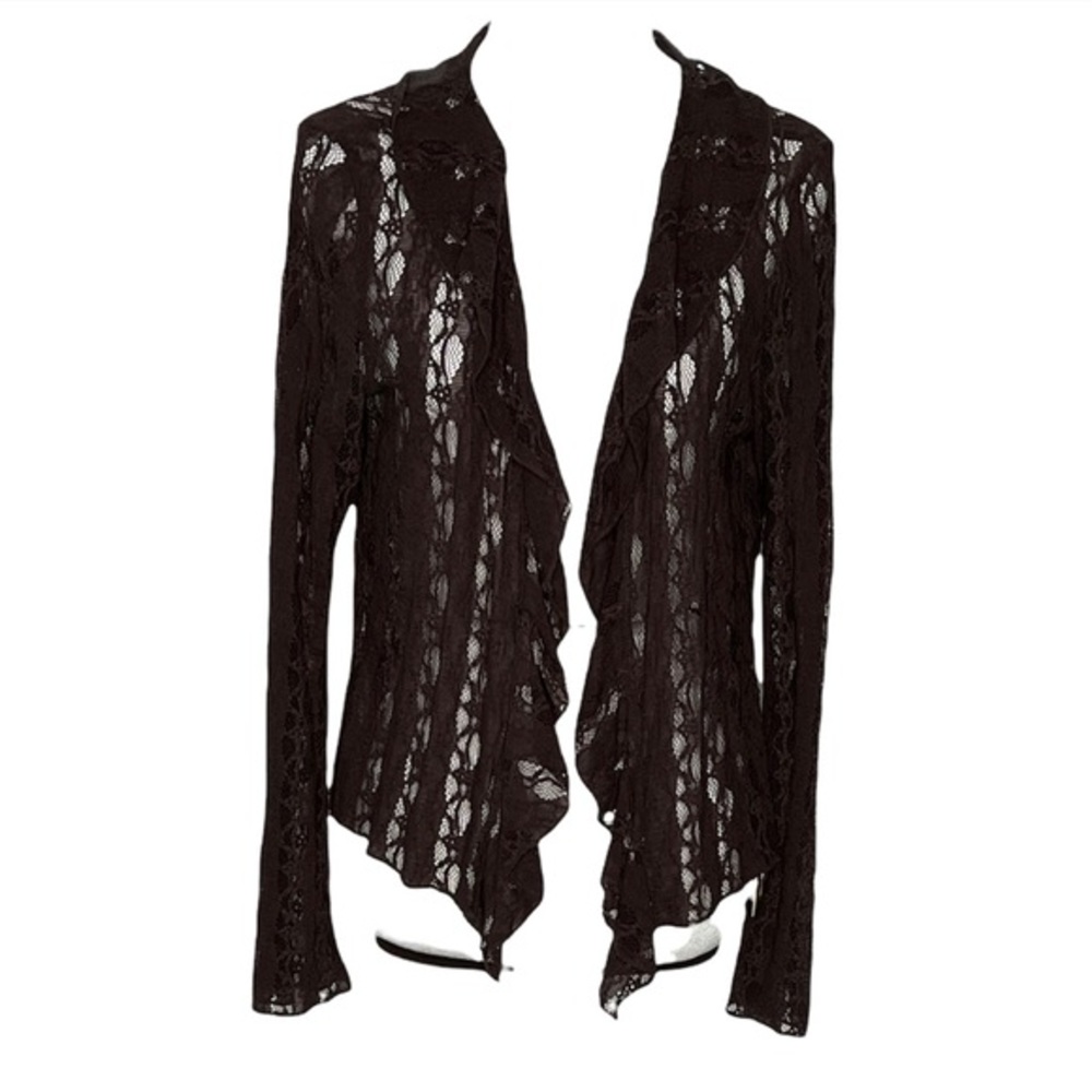J JILL Long Sleeve Ruffle Front Lightweight Brown Cardigan